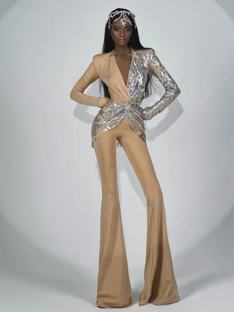 Sexy Women khaki Long Sleeve Deep V Neck Sparkly Sequins Patchwork Jumpsuit  Draped Wide Leg Jumpsuit Party Evening Club Runway