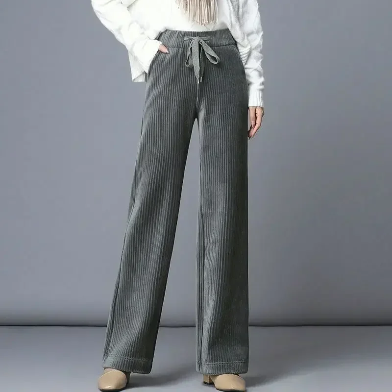 Winter Velvet Wide Leg Pants Women New Baggy Thicken Lace Up Straight Sweatpants Plush Liend Warm Pantalones High Wasit Spodnie
