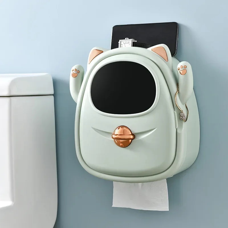 Wall Mount Cat Toilet Paper Holder Waterproof Tray Roll Tube Tissue Box Drawer Tissue Holder Bathroom Storage Shelves