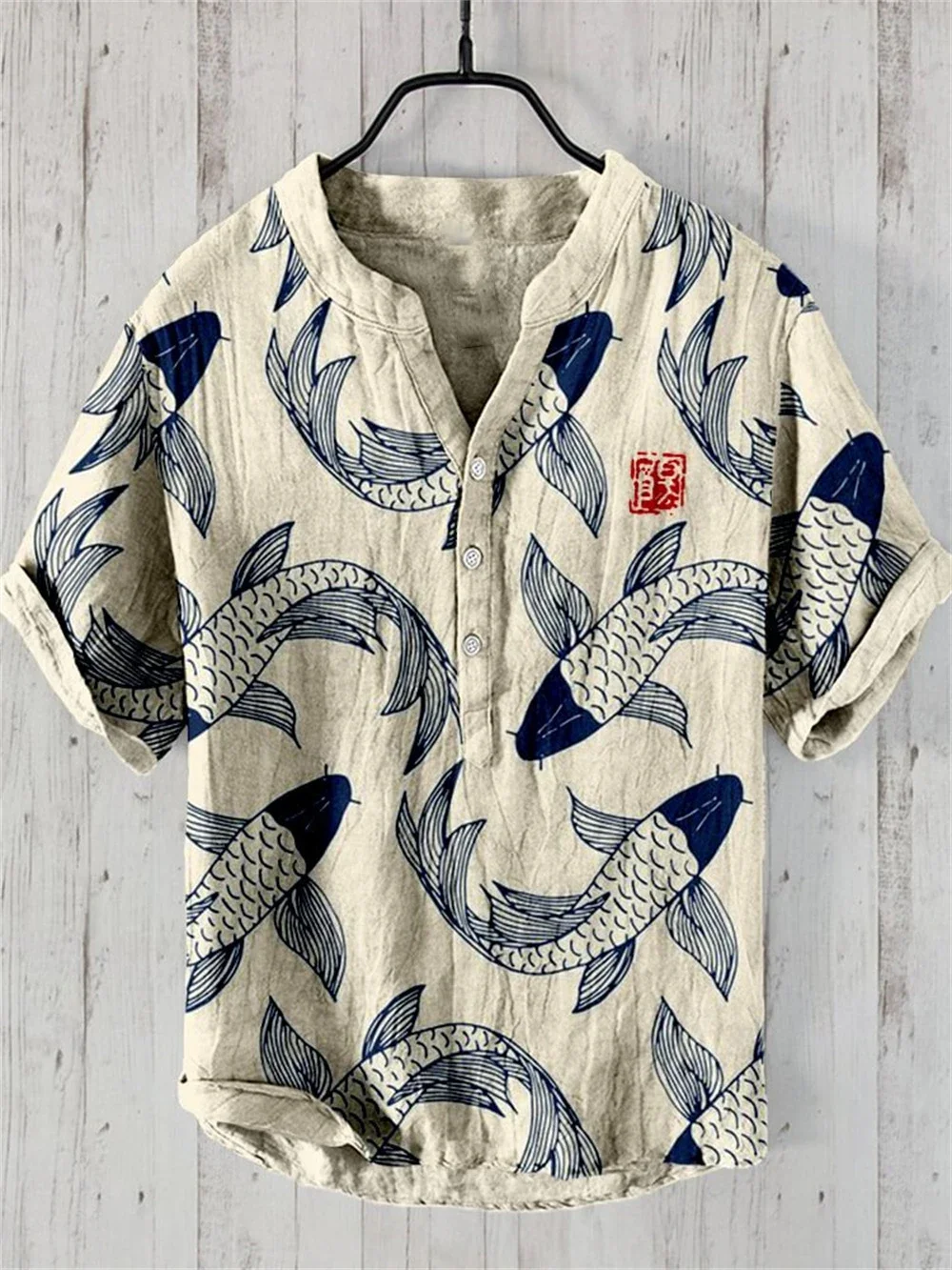 

Spring and summer new men's retro art fish print linen short sleeved shirt, Hawaiian shirt, popular holiday shirt 2024