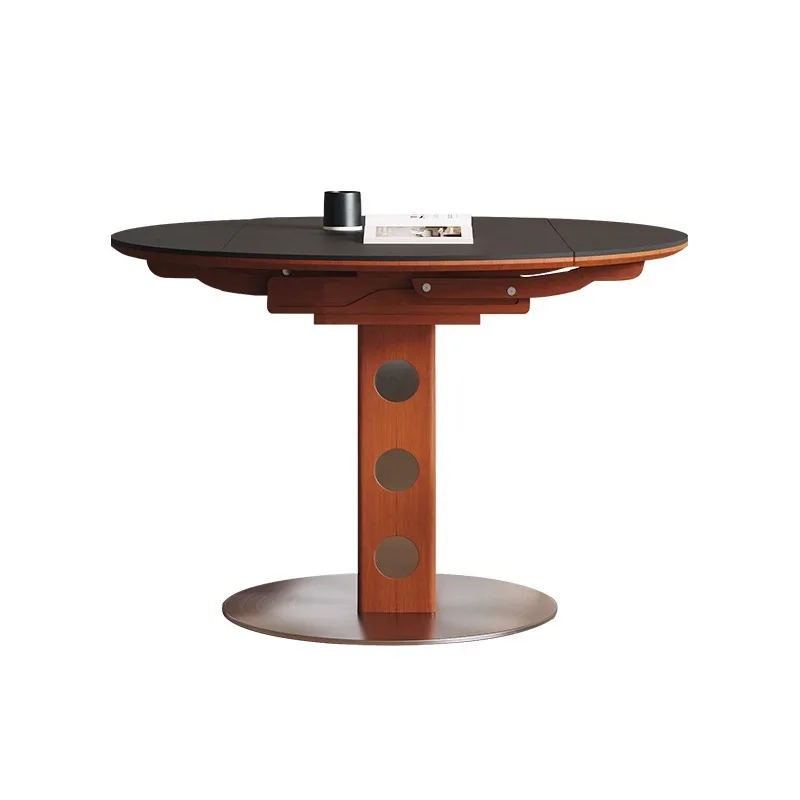 

Round retro rock slab retractable dining table household small apartment solid wood, folding, dual-purpose dining table