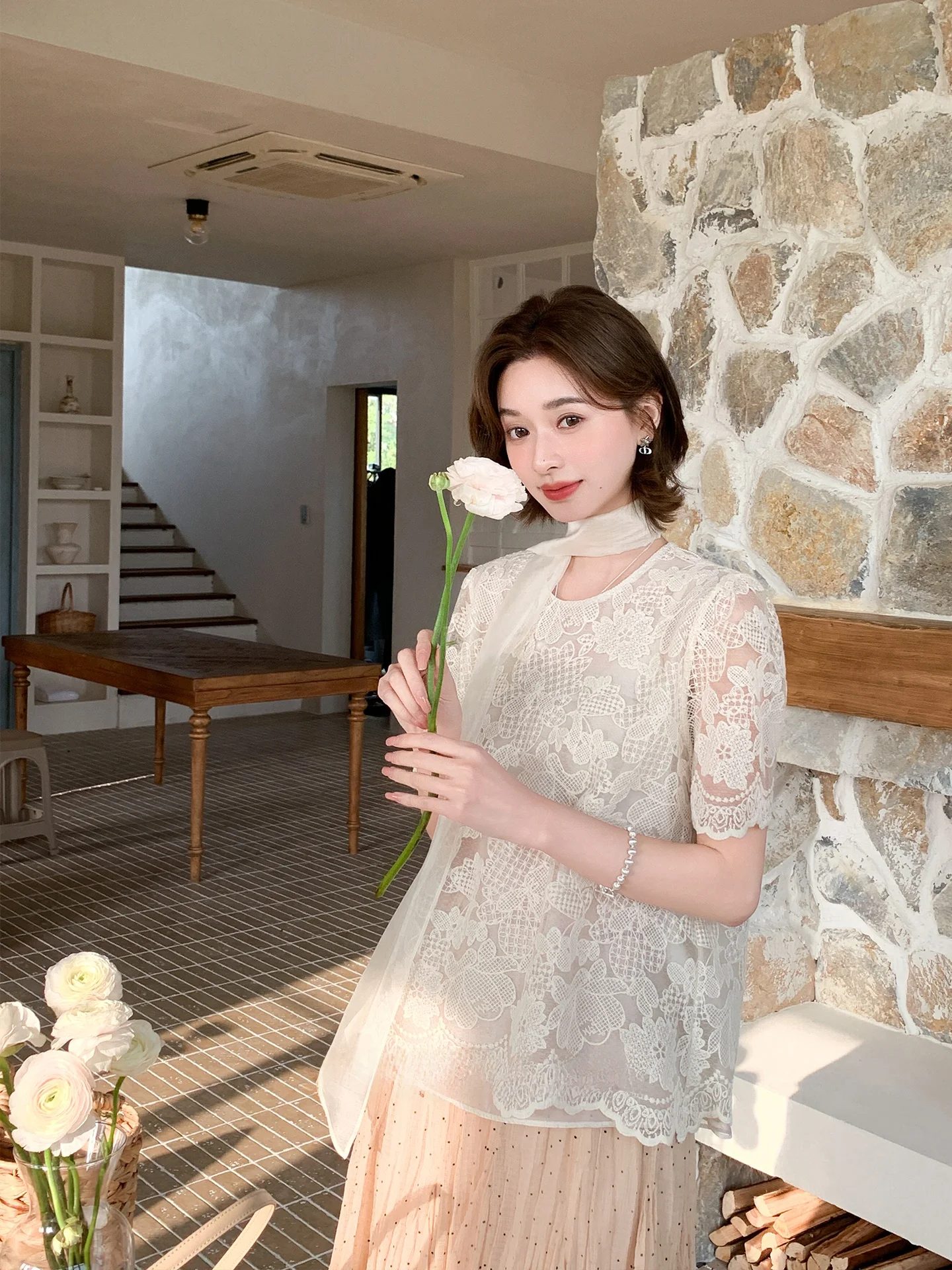 

Elegant round Neck Sleeveless Dress And Vest Set for Women Spring Season Floral Lace Commute Style Nylon Fabric Short Sleeve