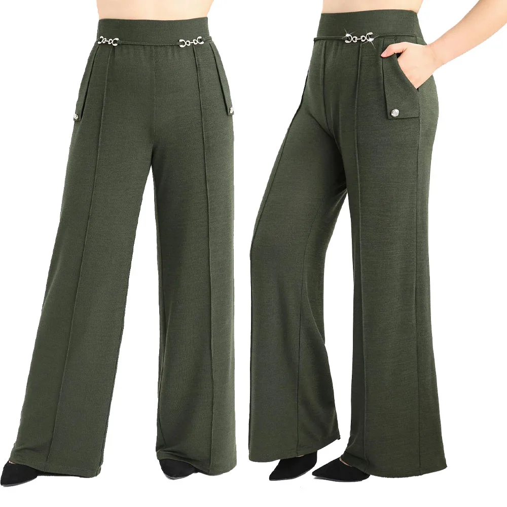 ROSEGAL Plus Size Wide Leg Pants Green Pintuck Buckle Waist Pockets Trousers Women Spring Autumn Casual Straight Pant