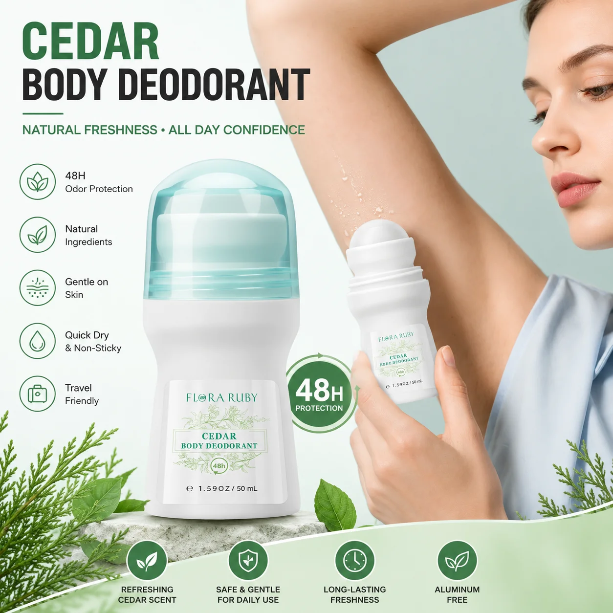 1 PC Flora Ruby Light Green Series Deodorant Roll On w omen's and men all-purpose Deodorant Roll Aluminum Free easy to carry a