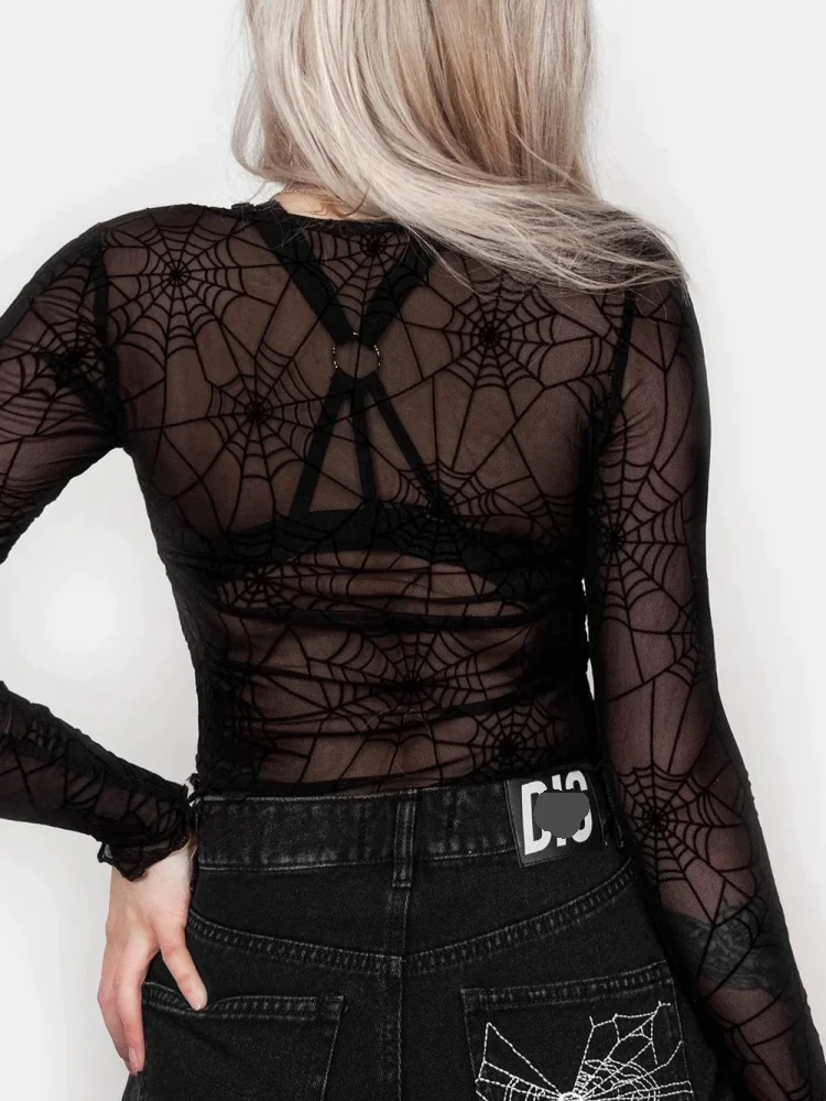 Lange Ärmel, durchsichtiges Spinnen-Mesh-Crop-Top, schwarz, sexy, dünnes T-Shirt für Damen, Sommer-Fee-Grunge-Y2k-Kleidung – Detail 4