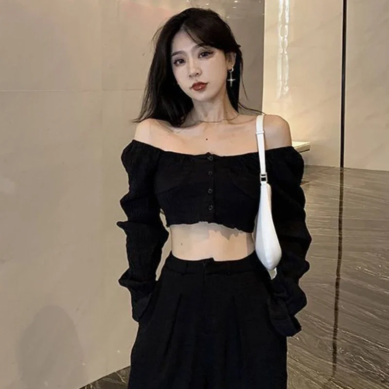 

Черные рубашки, женские укороченные топы с длинными рукавами, уличная сексуальная минималистичная элегантная весенняя одежда Y2k, тонкие эстетические майки Ulzzang