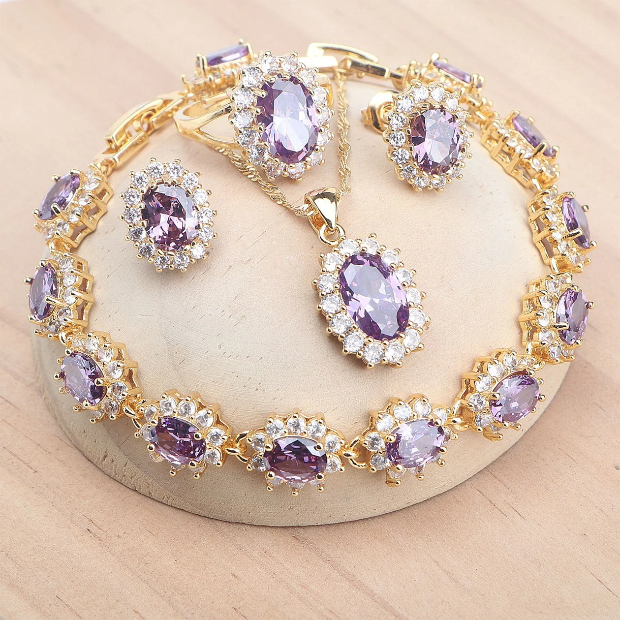 

925 Silver Gold Color Jewelry Sets Bridal Purple CZ Wedding Earrings For Women Rings Pendant Necklace Stone Bracelets Set