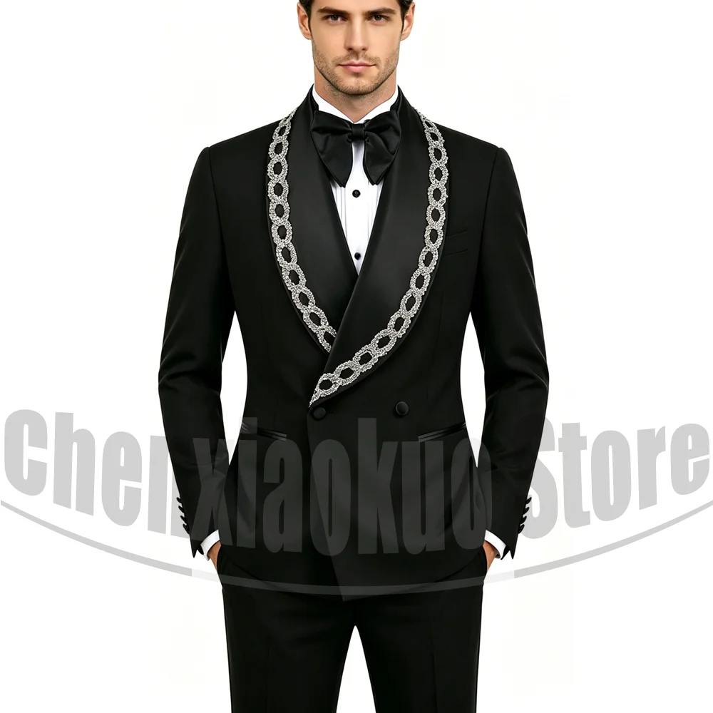 

Men Suit Silver Beaded Shawl Lapel Double Breasted Blazer and Pants Luxury Formal Wedding Prom Party Banquet Tuxedo 2 Piece