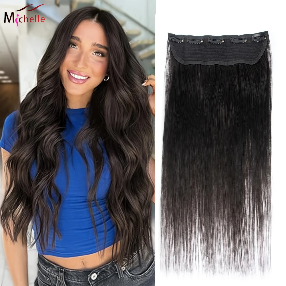 Clip Ins One Piece Weft Hair Extensions 100g Natural Black 3/4 Full Head Straight Human Hair One Piece Extensions with 5 Clips