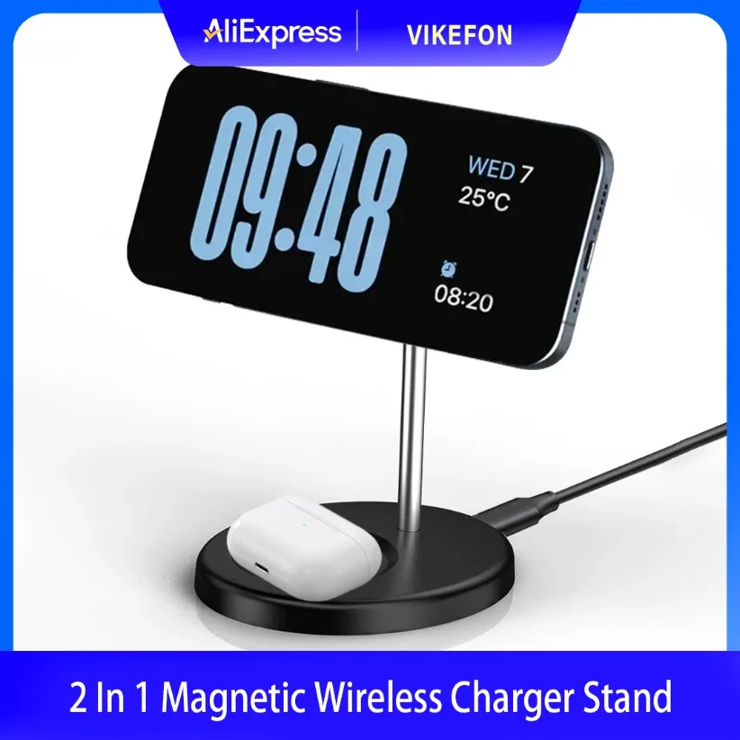 

Магнитная беспроводная зарядная станция 2-в-1 для быстрой беспроводной зарядки iPhone серий 17, 16, 15, 14, 13, 12 и AirPods (совместима с MagSafe)