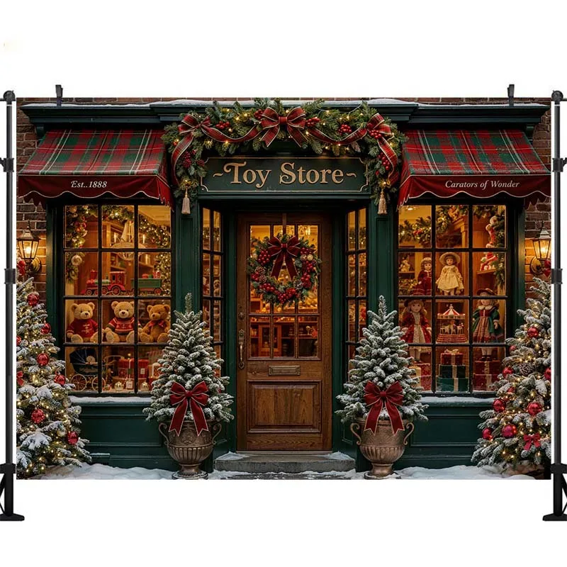 LS Christmas Gifts Shop Backdrop Photography Gingerbread Candy Cane Bakehouse Store Front Background Winter Family Photo view 4