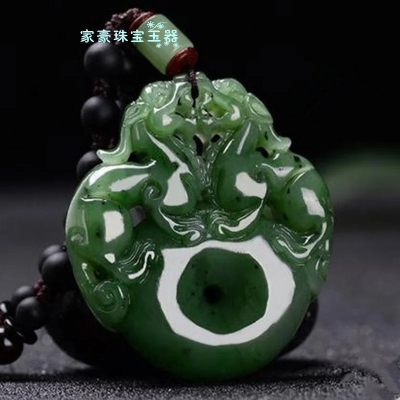 Hetian Green Jade Double Pixiu Pendant Necklace Wholesale and Retail