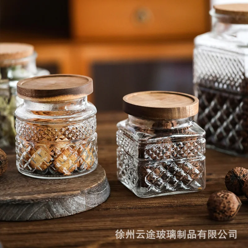 Vintage Relief Engraved Glass Jar with Bamboo Lid Moisture-proof Sealed Bottle Household Food Candy Jar Transparent Storage Box