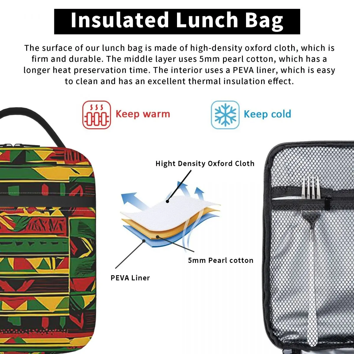 Modern Rasta Patterns For Apparel Insulated Lunch Bag for Women Kids Portable Food Boxes Thermal Lunch Box Tote