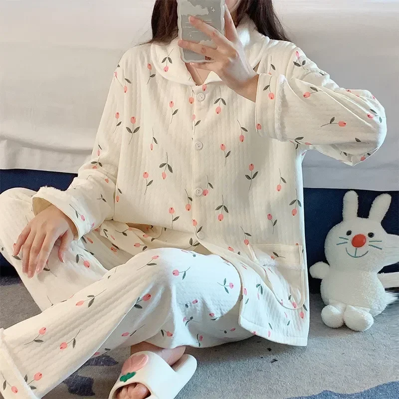 

Loose Cotton Kawaii Pajamas Female Long Set Suit Oversize Sleeve Clothing Sleepwear Winter Print Home