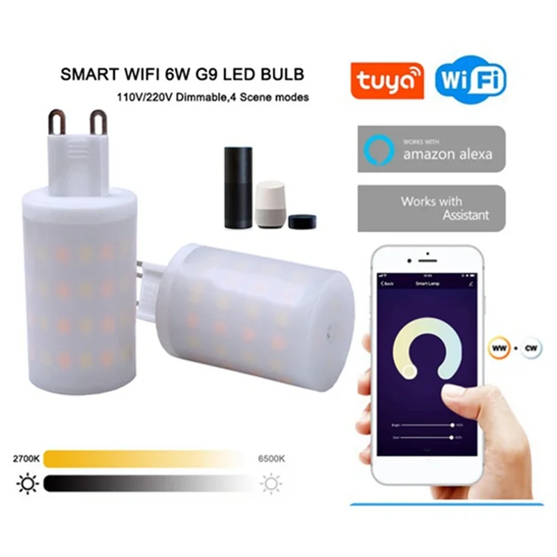 A44U أتمتة المنزل مع مصابيح إضاءة Tuya Smart Wifi G9 LED، هالوجين قابل للتعتيم 6 وات، تحكم صوتي، 3 قطع، قابس الاتحاد الأوروبي #2