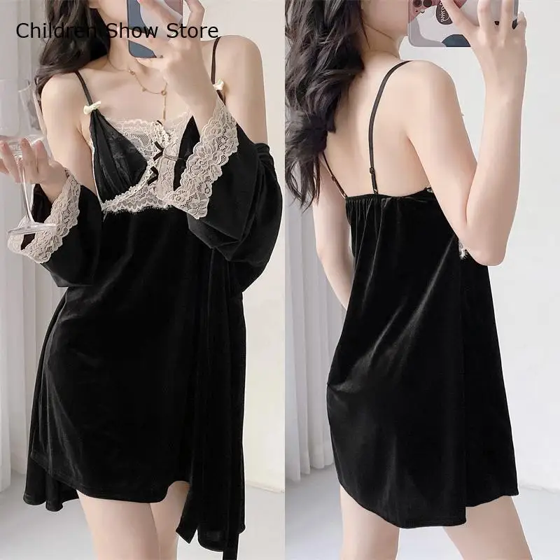 Black Lace Patchwork Nightdress Sexy Spaghetti Strap Warm Velour Nightwear Bride Wedding Bathrobe Suit 2Pcs Nightie Dresses