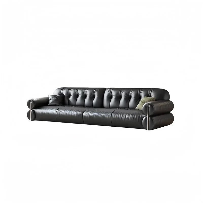 Brown sugar cloud living room first layer cowhide sofa, small apartment retro three-person straight row sofa