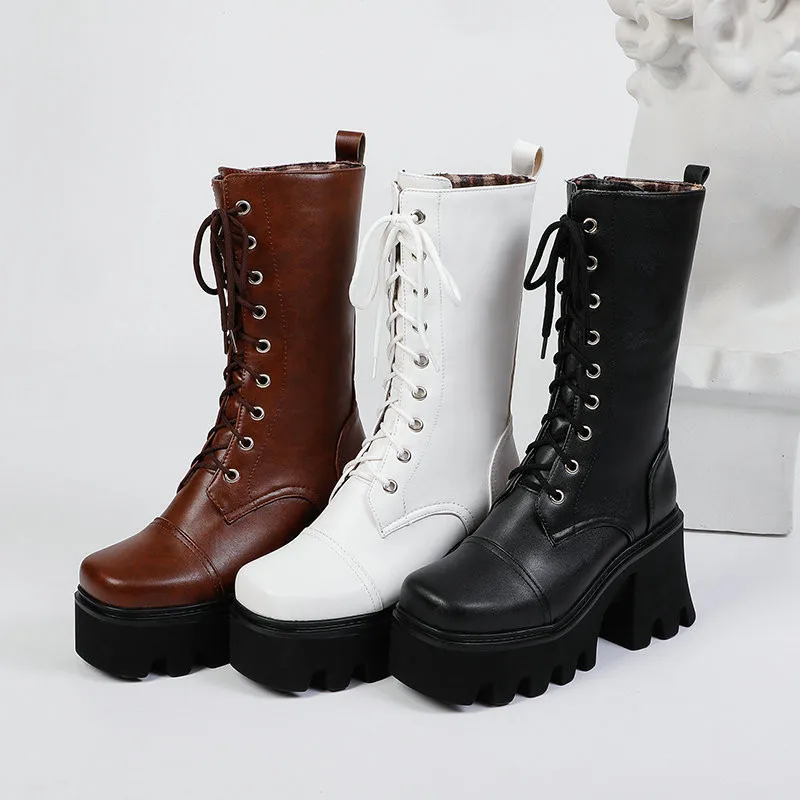 Onlymaker Platform Thick Heel Mid-Calf Boots PU Lace Up Chunky Punk High Heels Black Booties