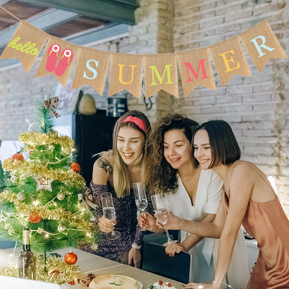 

1Pcs Summer Beach Party Decoration Banner Linen Bunting Creative Layout Flag Hawaiian Party Supplies Hot Summer Bunting