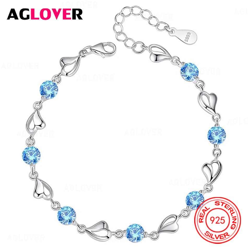 

AGLOVER 925 Sterling Silver Blue Zircon Love Heart Bracelet Charm Cute Women Party Jewelry