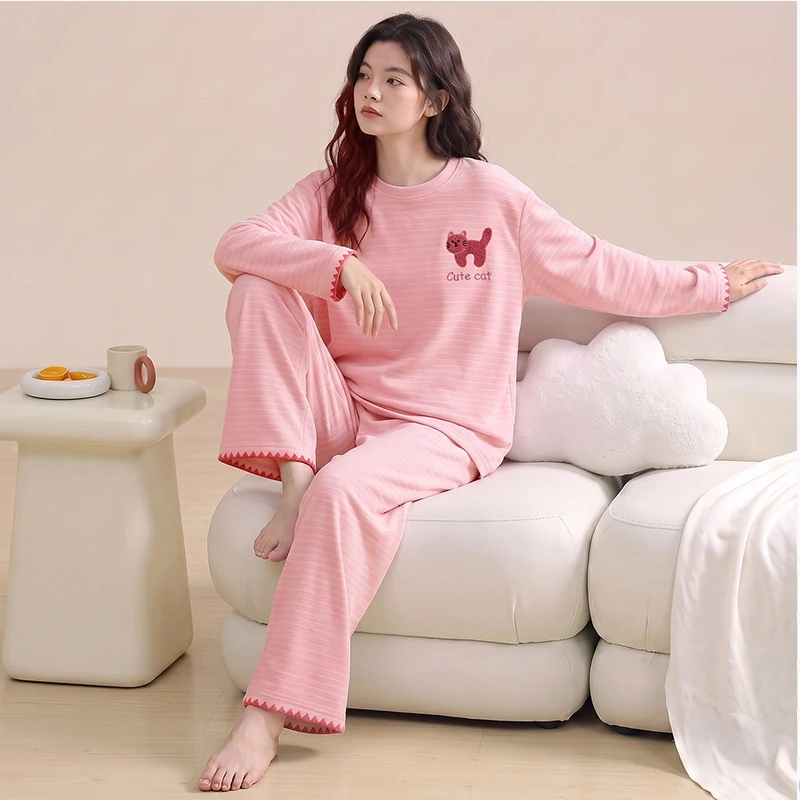 Women's fleece pajamas for autumn and winter, long-sleeved round-neck, double-sided fleece, brushed and thickened soft fleece, c