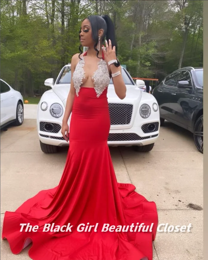 Sexy Red Prom Dresses Black Girls See Through Diamonds Sequins Decoration Party Gowns New Halter Fishtail Hem Long Dresses