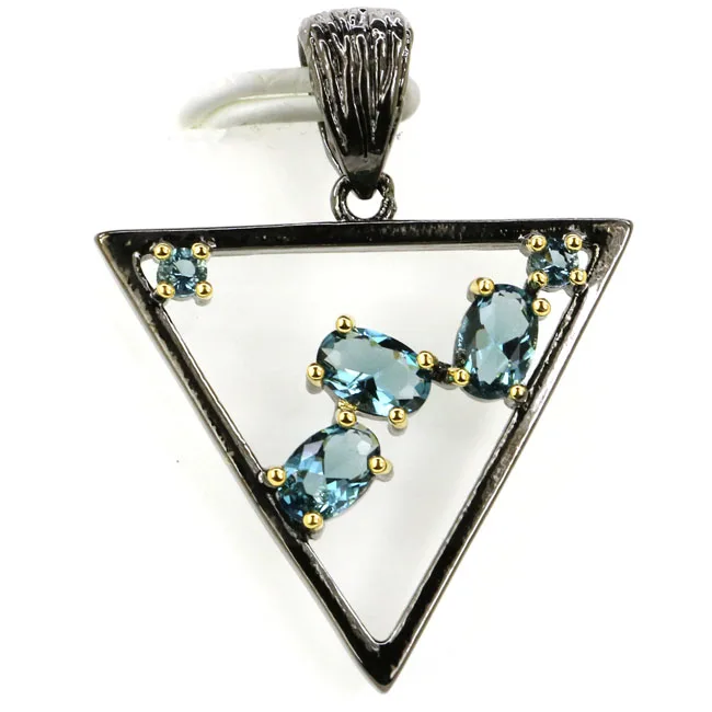 

34x23mm Trangle Shape Pink Tourmaline Green Emerald London Blue Topaz Ladies Gift Black Gold Silver Pendant