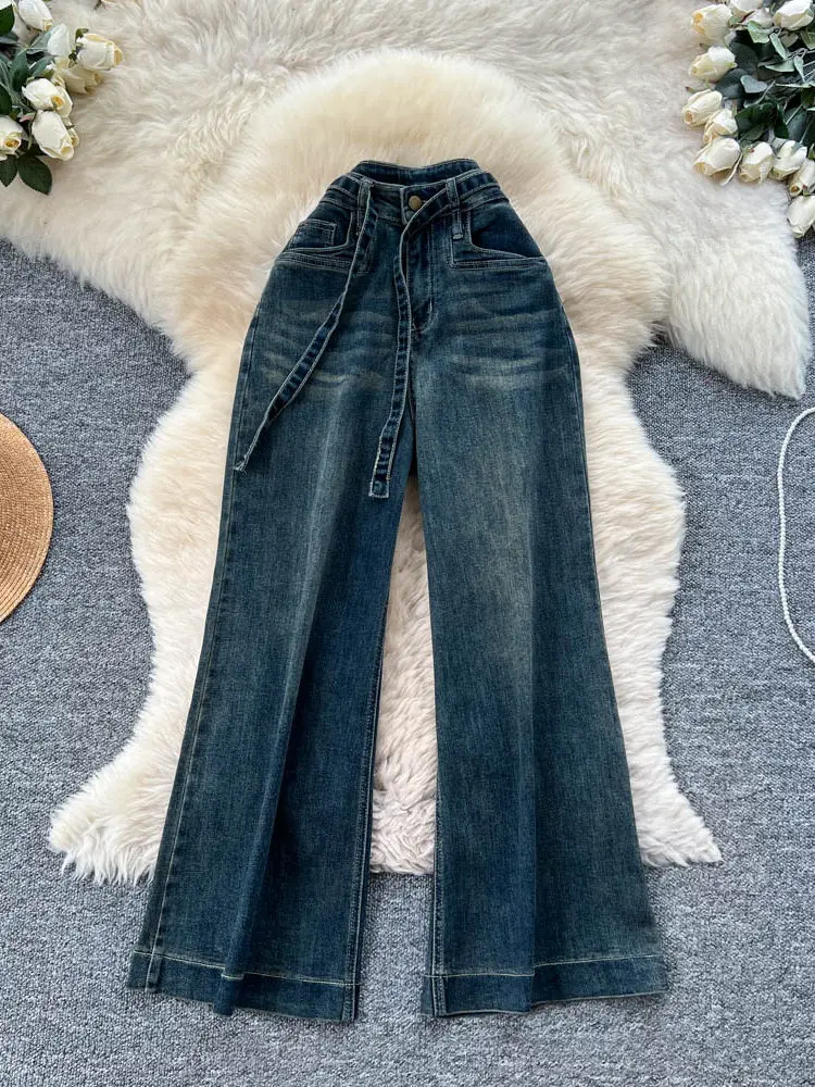 

Fashionable waist belt high waisted retro washed denim wide leg pants women's spring new loose casual nine cropped pants