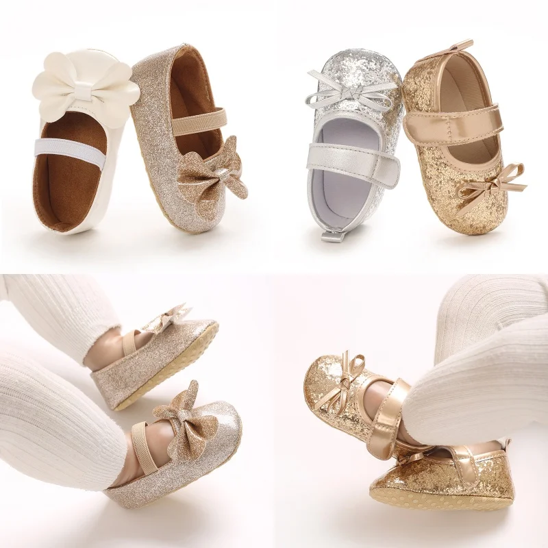 Infant Pre-Walker Shoes 0-1Year Baby Girls Sequined Bow Princess Shoes Soft Flats Stylish Dress Shoes