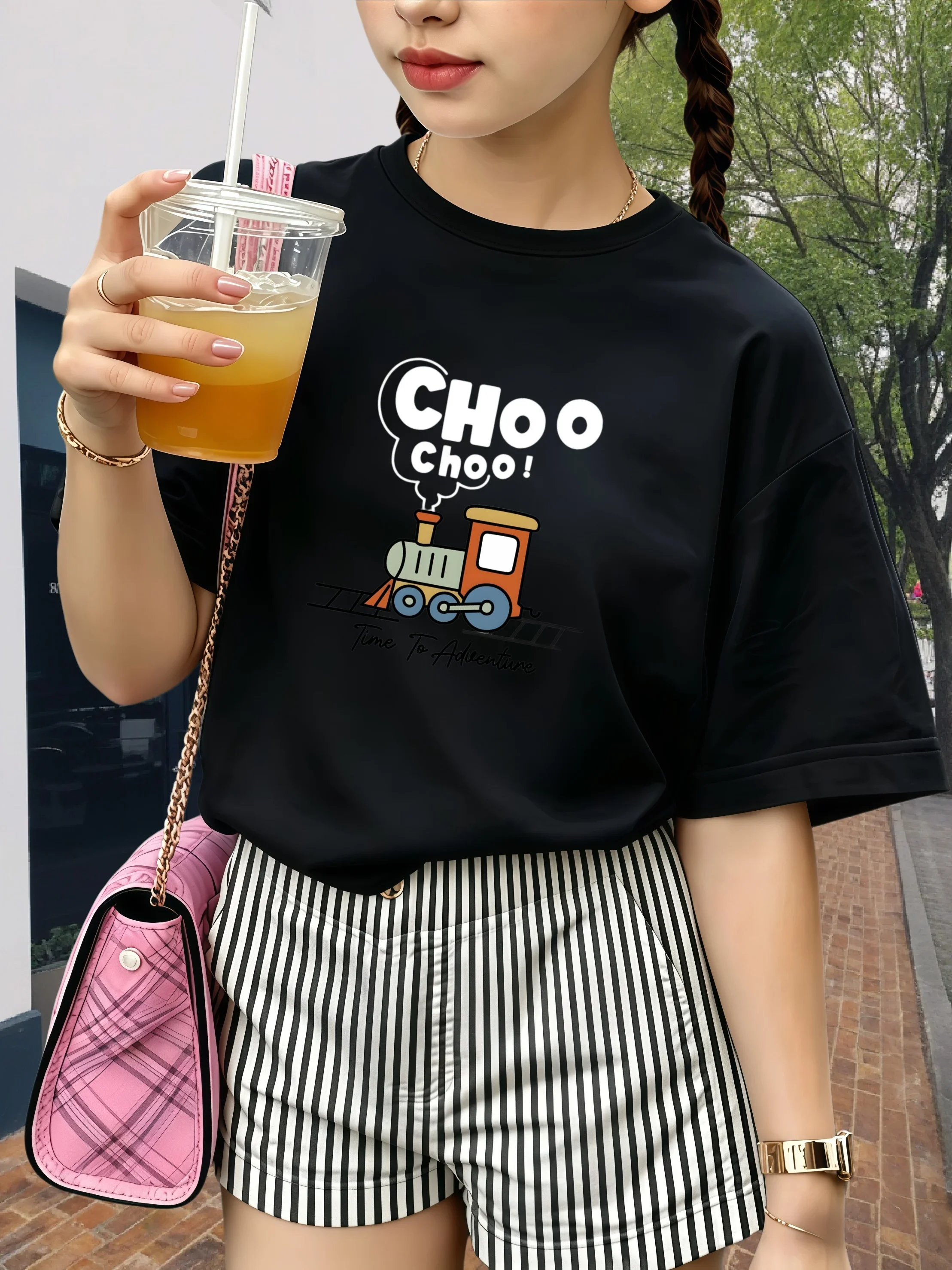 Cute Cartoon Train Kids Tee Pure Cotton Choo Choo Adventure Letter Graphic Loose Unisex Boys Girls Summer Short Sleeve T-shirt