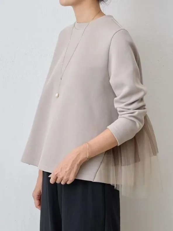 韓国スタイル長袖ラウンドネックセータードールシャツショート婦人服メッシュスプライスアンチエイジングかわいいスタイル女性トップ 1