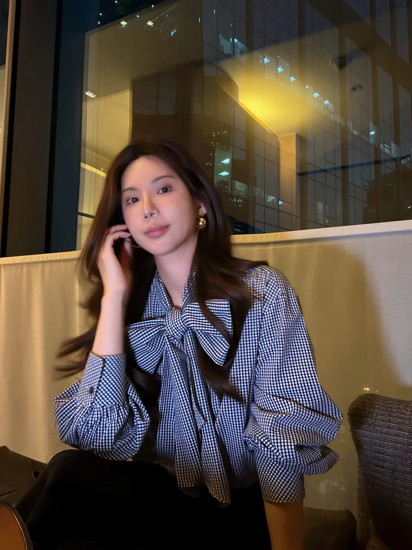 

Женская клетчатая рубашка Sweet Sle с узлом и длинными рукавами, весна 2026, дизайнерский топ свободного кроя в корейском стиле, из чистого хлопка