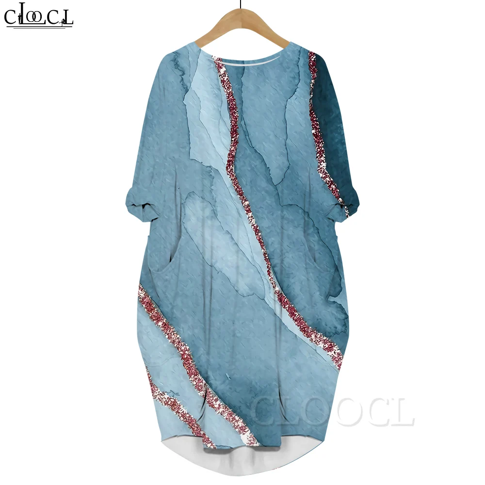 

CLOOCL Women Dress Retro Pattern 3D Graphics Printed Dress Long Sleeve Fashion Gown Pocket Dress Blue Vintage Dress