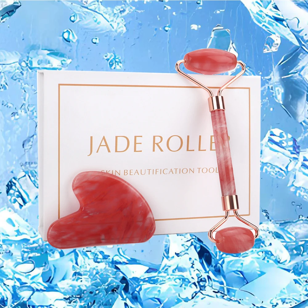 

Red Crystal Jade Roller Scraping Board Cooling Therapy Face Beauty Jade Roller Crystal Scraping Plate Massage Tool Set Skin Care