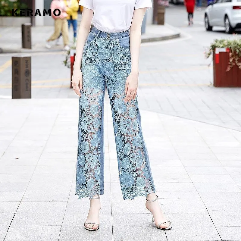 Celana jins wanita model Korea, celana Denim biru Y2K, celana jins kaki lebar, celana jins Hollow Out, perca, pinggang tinggi, elegan, Mode Korea