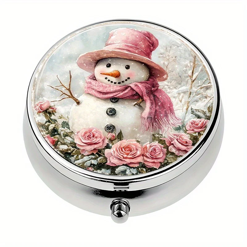1 pill box with 3 compartments, winter wonderland snowman and rose theme, mini pill container, pill organizer, a unique gift for organizing vitamins and medication