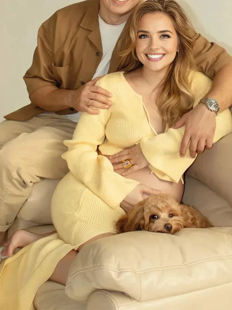 Maternity Two Piece Outfit Tie Front Bell Sleeve Crop Top Maxi Skirt Pregnancy Photoshoot Outfit Knit Maternity Photography Set