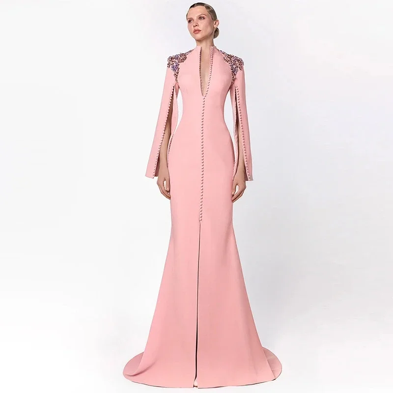 ชุดเดรสยาวประดับเพชรสำหรับผู้หญิง ดีไซน์เนอร์ออกแบบ แขนเสื้อแบบผ่าข้าง เหมาะสำหรับงานเลี้ยงกลางคืน งานแต่งงาน งานพรอม งานวันเกิด และงานครบรอบ