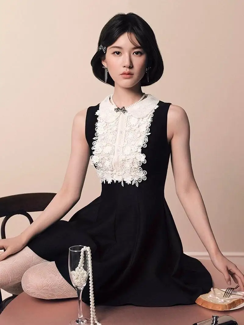 

Весна 2025 года, винтажное платье с разрезом на талии, маленькое платье с кружевным воротником, кукольное платье, женская милая юбка трапециевидной формы