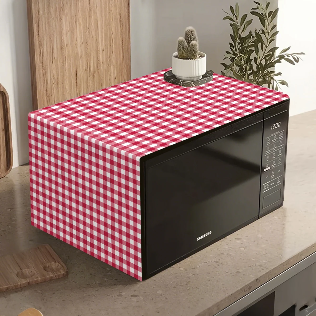 

Red White Plaid Microwave Oven Dust Cover Polyester Machine Protector Decorative Kitchen Appliance Cover Kitchen Decor