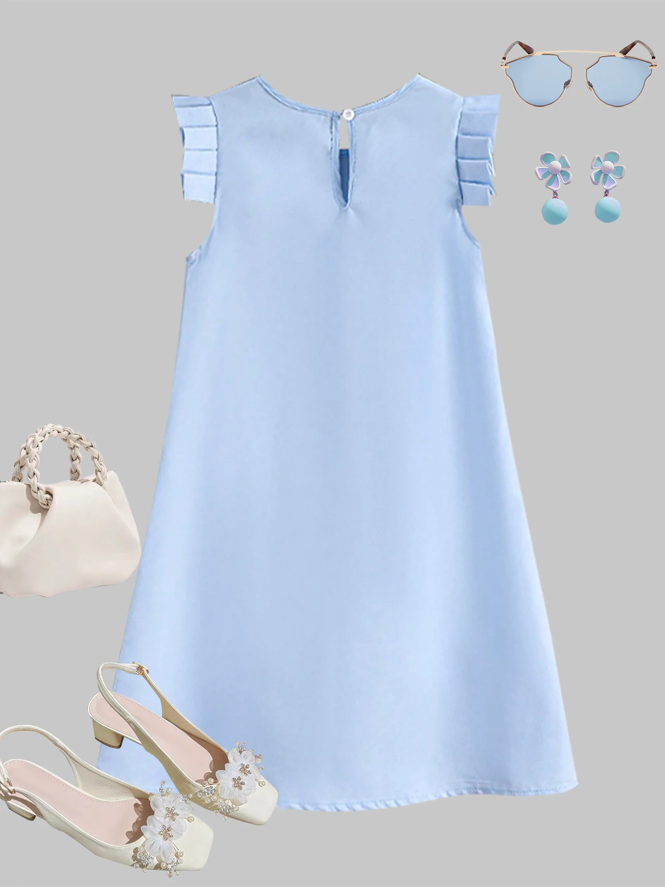 Girls' Spring & Summer Sweet Style Round Neck Flower Decor Blue Sleeveless Dress