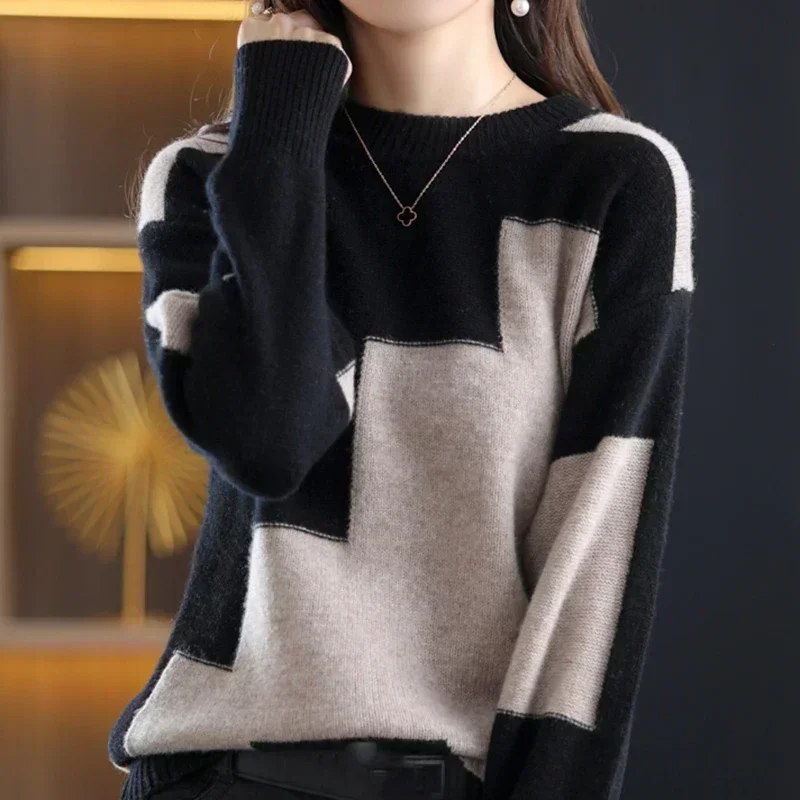 POCZCIY Women Warm Cashmere Sweater Patchwork Knit Thermal Pullovers O-Neck Long Sleeve Casual Sweater Women 2024 Autumn Winter