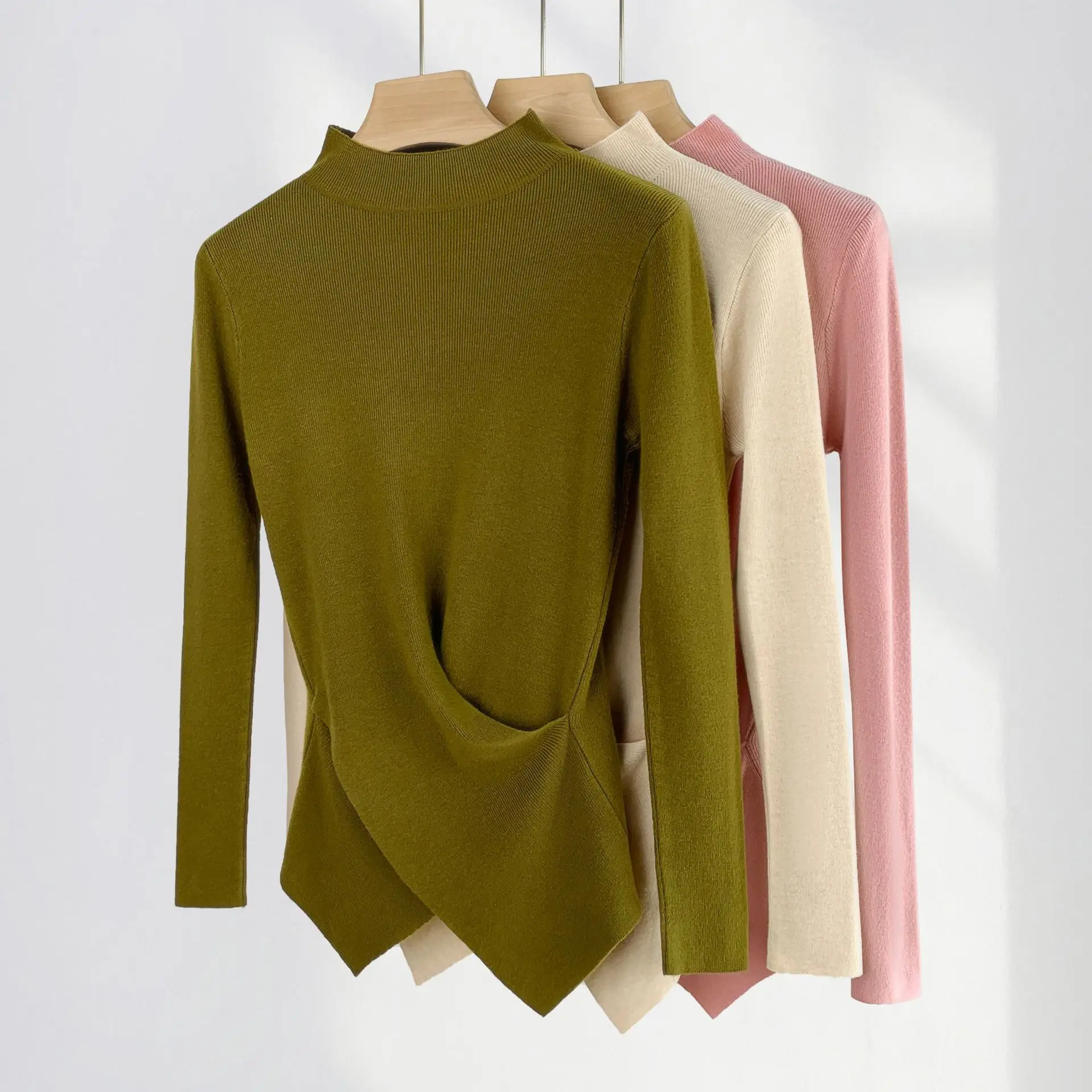 

French Waisted Bottoming Shirt for Female Pink Inside-out Sweater Gentle Atmosphere Sense Half High Neck Early Spring Knitwear