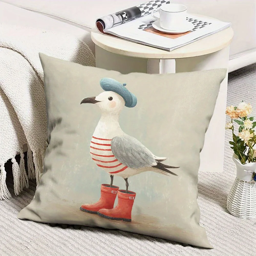 1pc Cute Sailor Seagull Throw Pillow Cover Coastal Style Home Decor Cushion Case for Sofa Bedroom Living Room