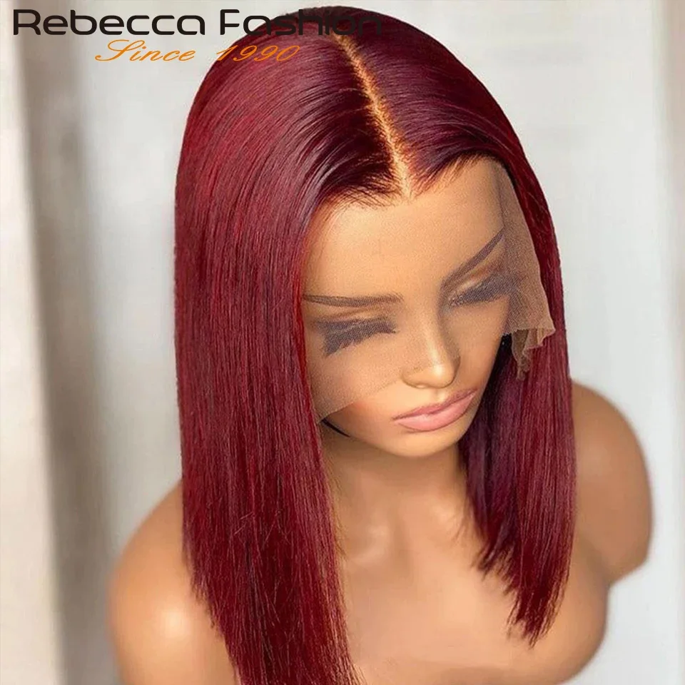 Rebecca-Peluca de cabello humano liso para mujer, pelo Remy brasileño, encaje de parte media, fácil de usar, parte en T