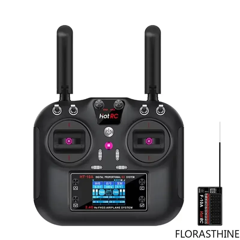HOTRC HT-10A 2.4Ghz 10CH Remote Control Set with F10A Receiver for RC Vehicle, Aircraft, Boat, Drone Accessories and Parts