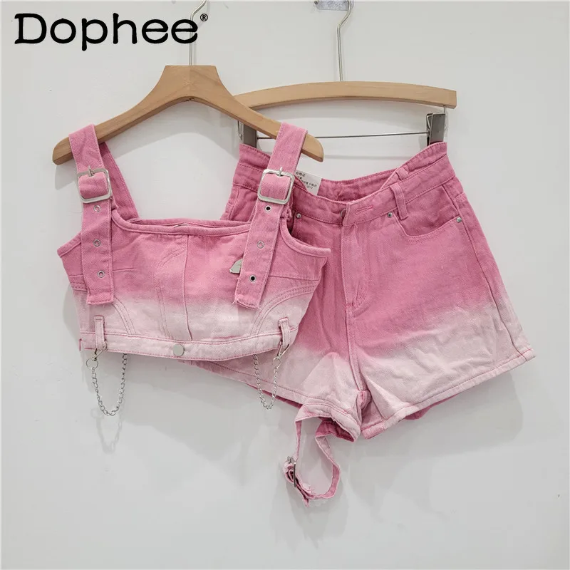 

Sexy Hot Girl High Waist Shorts Suit 2024 Summer New Gradient Pink Denim Crop Top and Shorts Two Piece Sets Womens Outifits