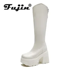 Fujin 11cm New Microfiber Leather Women High Brand Increase Casual Ankle Boots Platform Wedge Pumps Heels White Shoes ZIP Shoes