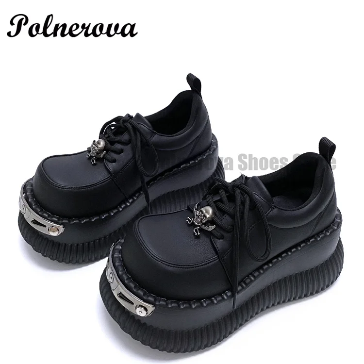 Black Platform Derby Shoes Women's Height-Raising and Fleece Small Leather Shoes Punk Style Big Head Casual Holiday Shoes